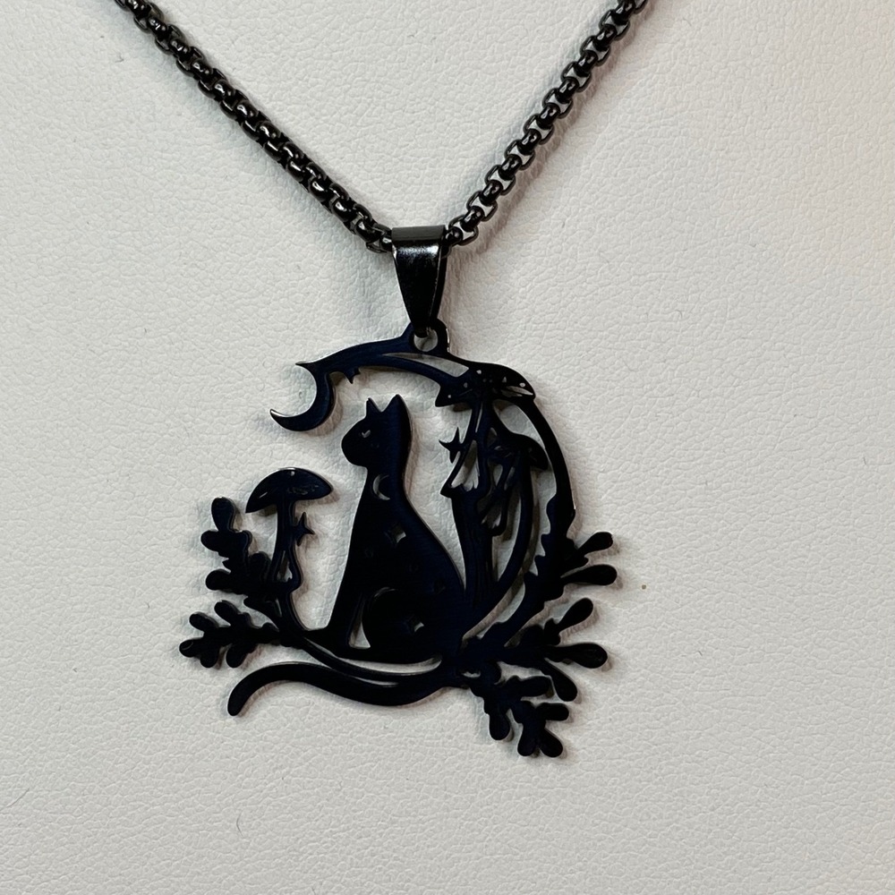 Black Cat Mushroom Moon Crescent Pendant Necklace Gothic Halloween Gift 23in New